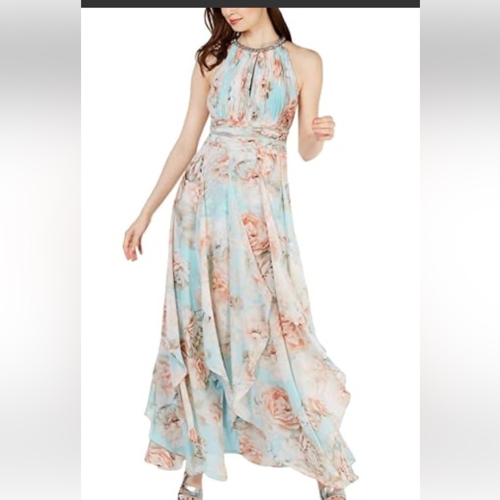CALVIN KLEIN BLUE PINK FLORAL CHIFFON LAYERED RHINESTONE NECKLINE GOWN EUC 12